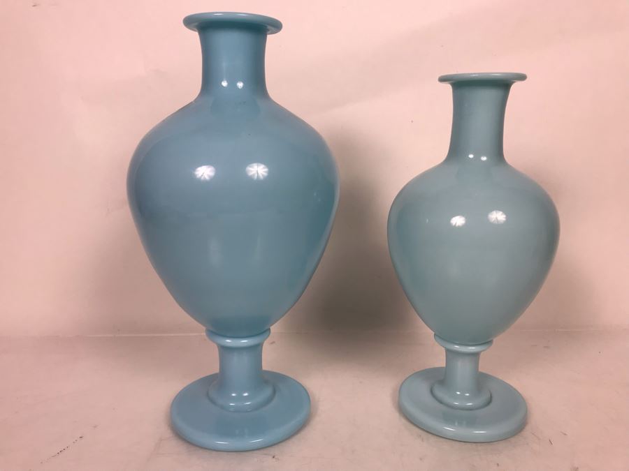 Pair Of Large Vintage Hand Blown Light Blue Apothecary Bottles With Glass Stoppers 17H And 15H [Photo 7]