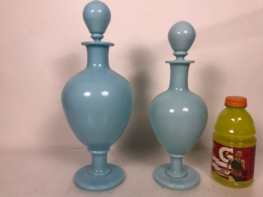 Pair Of Large Vintage Hand Blown Light Blue Apothecary Bottles With Glass Stoppers 17H And 15H [Photo 3]
