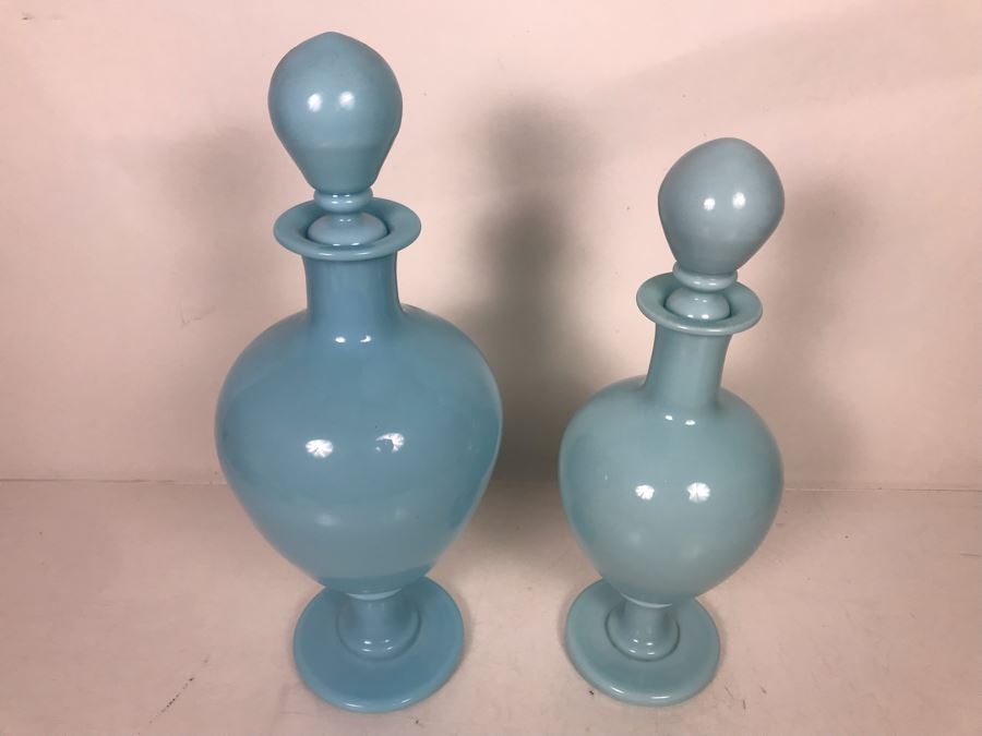 Pair Of Large Vintage Hand Blown Light Blue Apothecary Bottles With Glass Stoppers 17H And 15H [Photo 5]