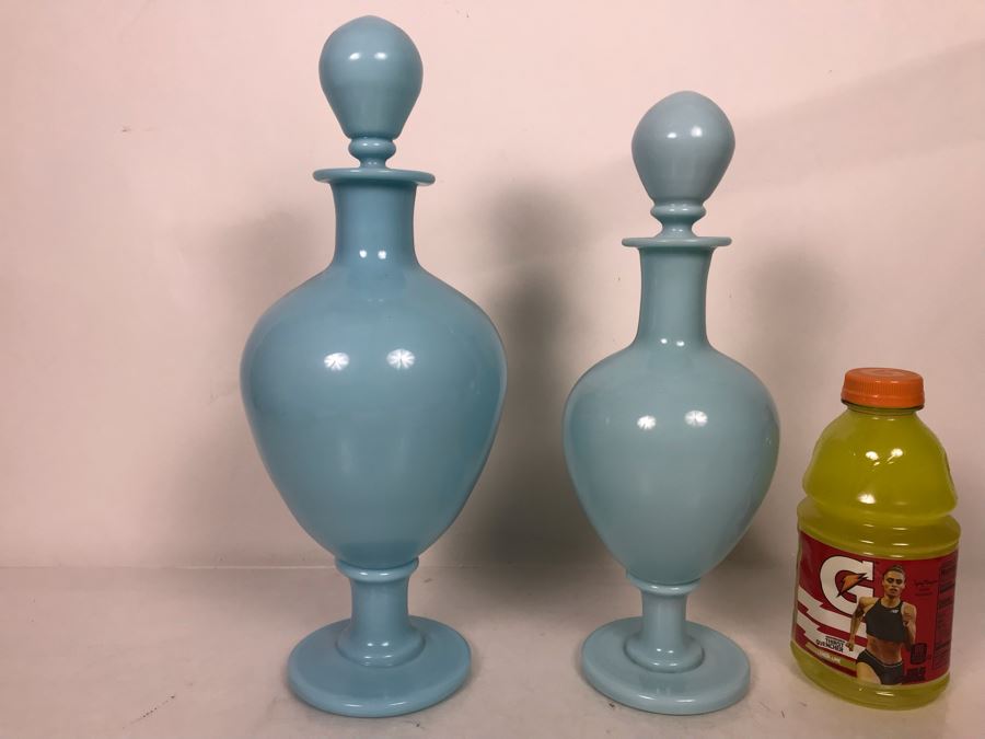 Pair Of Large Vintage Hand Blown Light Blue Apothecary Bottles With Glass Stoppers 17H And 15H [Photo 2]