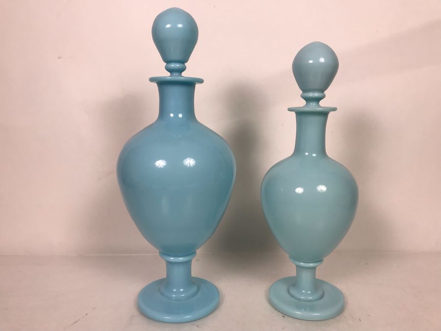 Pair Of Large Vintage Hand Blown Light Blue Apothecary Bottles With Glass Stoppers 17H And 15H [Photo 4]