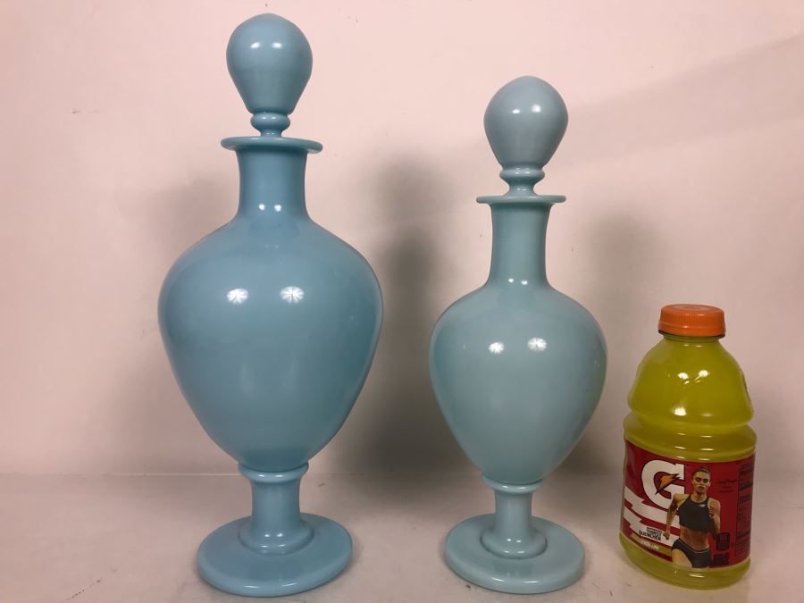 Pair Of Large Vintage Hand Blown Light Blue Apothecary Bottles With Glass Stoppers 17H And 15H [Photo 1]