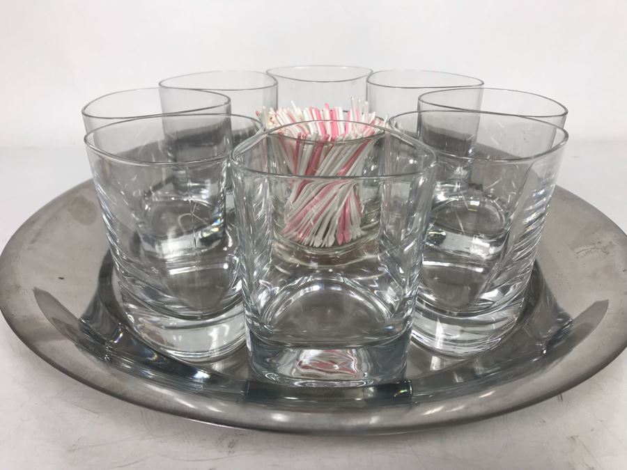 Vintage Barware Set With Metal Tray, 8 Drinking Glasses And Center Glass (Tray: 13.5R, Glasses: 3.75H) [Photo 2]