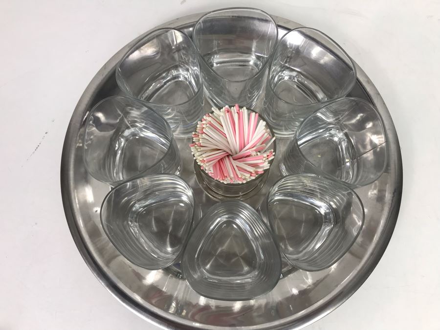 Vintage Barware Set With Metal Tray, 8 Drinking Glasses And Center Glass (Tray: 13.5R, Glasses: 3.75H) [Photo 3]