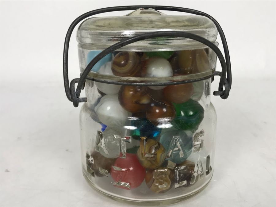 Old Atlas E-Z Seal Glass Jar Filled With Some Good Old Glass Marbles - See Photos [Photo 1]