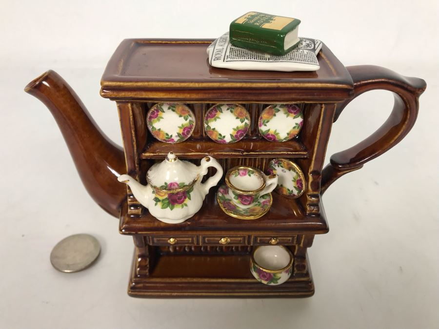 Cardew Designs Teapot OCR Welsh Dresser Featuring Old Country Roses Royal Albert China With Original Royal Doulton Tag 5.5W X 2.5D X 4.5H [Photo 2]
