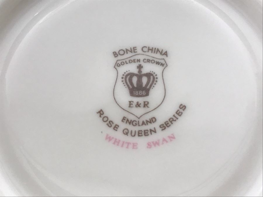 E&R Golden Crown Gold Rim Bone China Rose Queen Series White Swan Cups & Saucers With Plates Apx 27 Pieces [Photo 9]