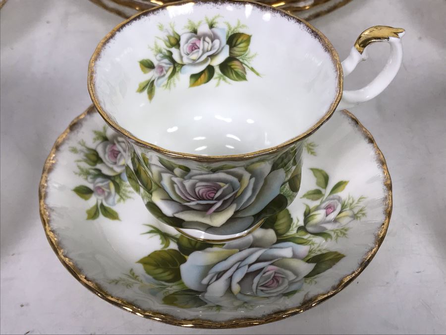 E&R Golden Crown Gold Rim Bone China Rose Queen Series White Swan Cups & Saucers With Plates Apx 27 Pieces [Photo 7]