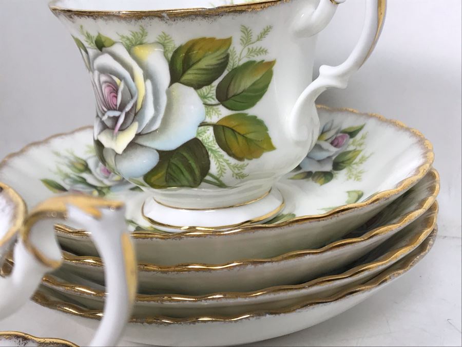 E&R Golden Crown Gold Rim Bone China Rose Queen Series White Swan Cups & Saucers With Plates Apx 27 Pieces [Photo 10]