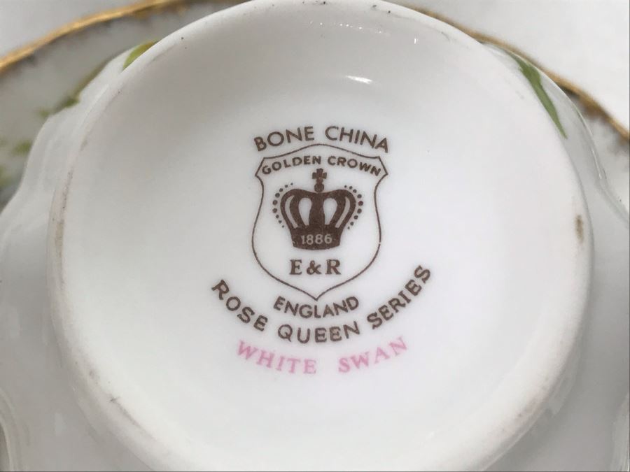 E&R Golden Crown Gold Rim Bone China Rose Queen Series White Swan Cups & Saucers With Plates Apx 27 Pieces [Photo 8]