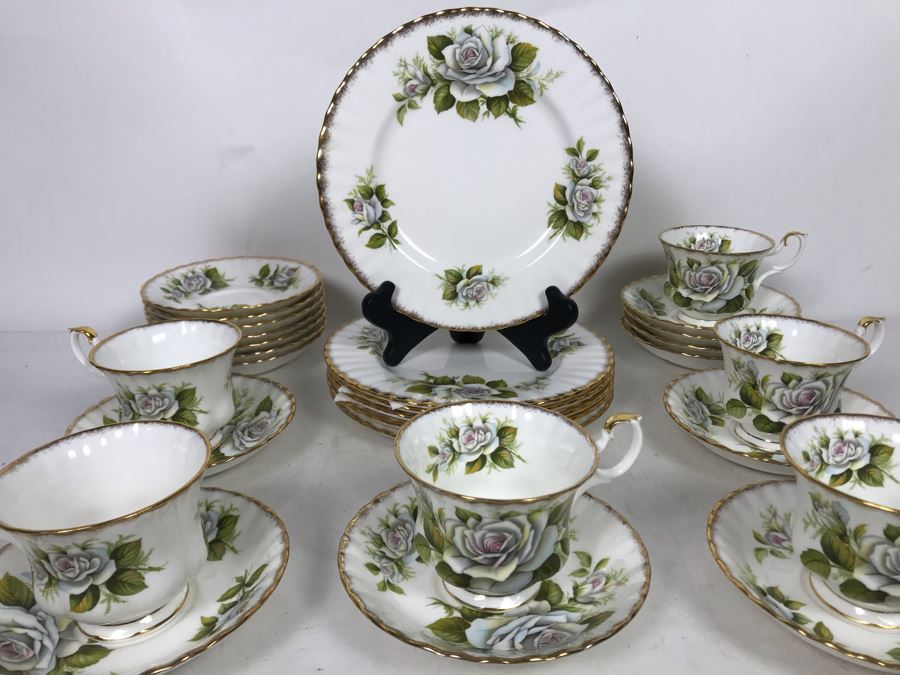 E&R Golden Crown Gold Rim Bone China Rose Queen Series White Swan Cups & Saucers With Plates Apx 27 Pieces [Photo 1]