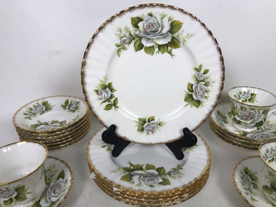 E&R Golden Crown Gold Rim Bone China Rose Queen Series White Swan Cups & Saucers With Plates Apx 27 Pieces [Photo 3]