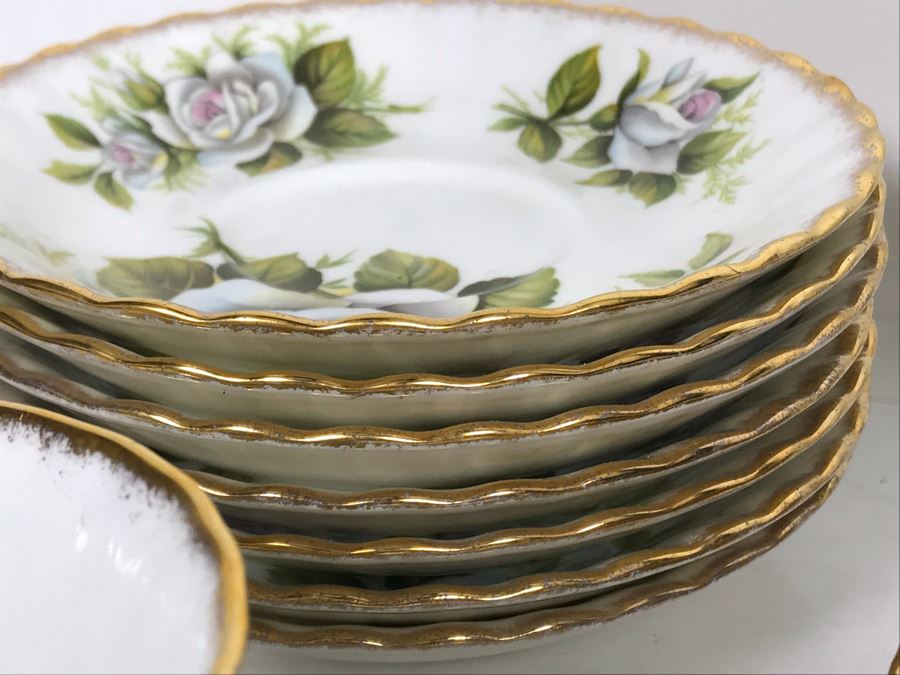 E&R Golden Crown Gold Rim Bone China Rose Queen Series White Swan Cups & Saucers With Plates Apx 27 Pieces [Photo 11]