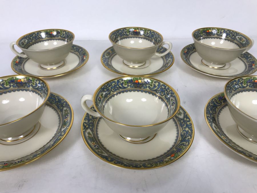 Six Lenox China Autumn Pattern Footed Cups And Saucers (Cups: 4R X 2H, Saucer: 5.75R) - Replacements Value $600 [Photo 2]