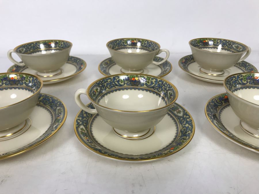 Six Lenox China Autumn Pattern Footed Cups And Saucers (Cups: 4R X 2H, Saucer: 5.75R) - Replacements Value $600