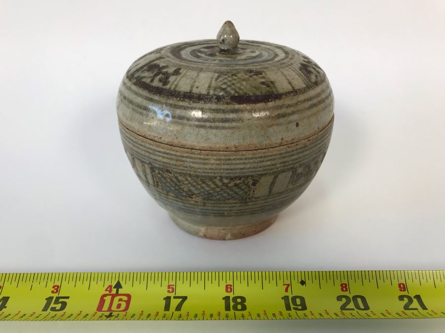 Vintage Lidded Pottery Jar 4W X 4.5H
