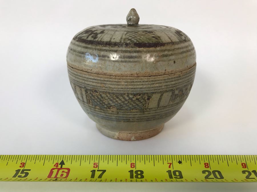 Vintage Lidded Pottery Jar 4W X 4.5H