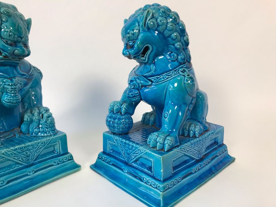 Pair Of Asian Blue Glazed Cermaic Foo Dogs 6W X 7.5D X 10H [Photo 4]