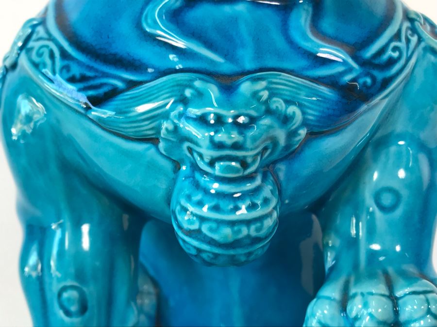 Pair Of Asian Blue Glazed Cermaic Foo Dogs 6W X 7.5D X 10H [Photo 21]