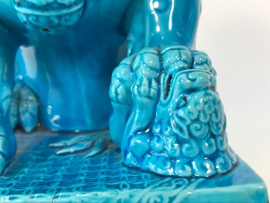Pair Of Asian Blue Glazed Cermaic Foo Dogs 6W X 7.5D X 10H [Photo 23]