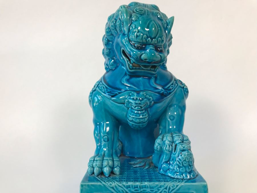 Pair Of Asian Blue Glazed Cermaic Foo Dogs 6W X 7.5D X 10H [Photo 20]
