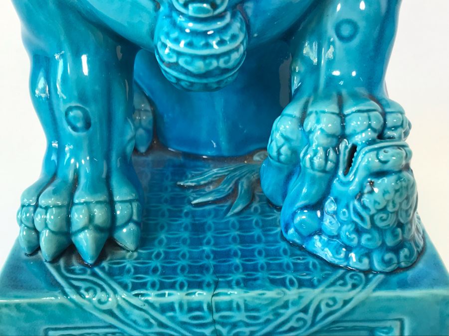 Pair Of Asian Blue Glazed Cermaic Foo Dogs 6W X 7.5D X 10H [Photo 24]