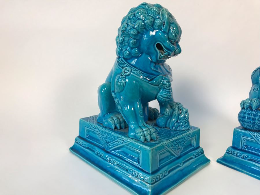 Pair Of Asian Blue Glazed Cermaic Foo Dogs 6W X 7.5D X 10H [Photo 3]