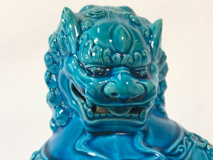 Pair Of Asian Blue Glazed Cermaic Foo Dogs 6W X 7.5D X 10H [Photo 22]