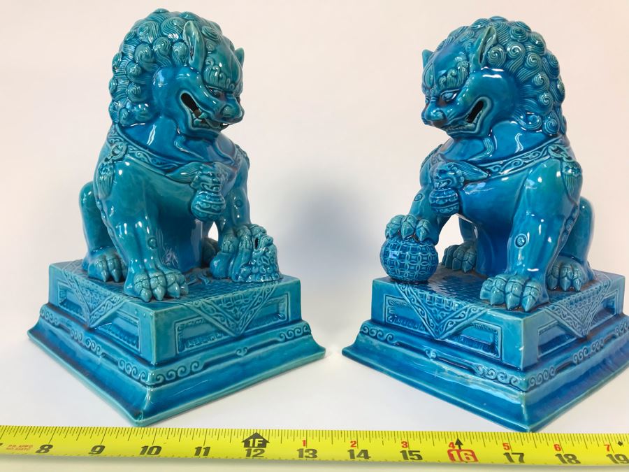 Pair Of Asian Blue Glazed Cermaic Foo Dogs 6W X 7.5D X 10H [Photo 2]