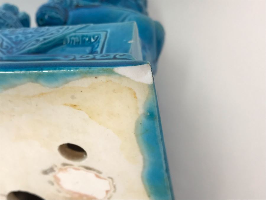 Pair Of Asian Blue Glazed Cermaic Foo Dogs 6W X 7.5D X 10H [Photo 17]