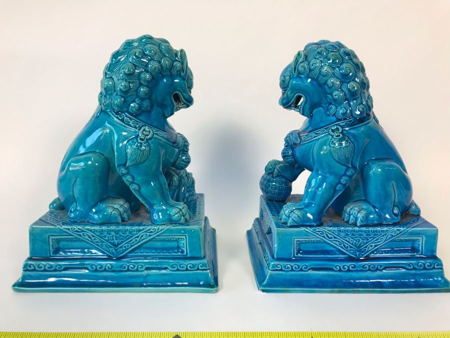 Pair Of Asian Blue Glazed Cermaic Foo Dogs 6W X 7.5D X 10H [Photo 5]