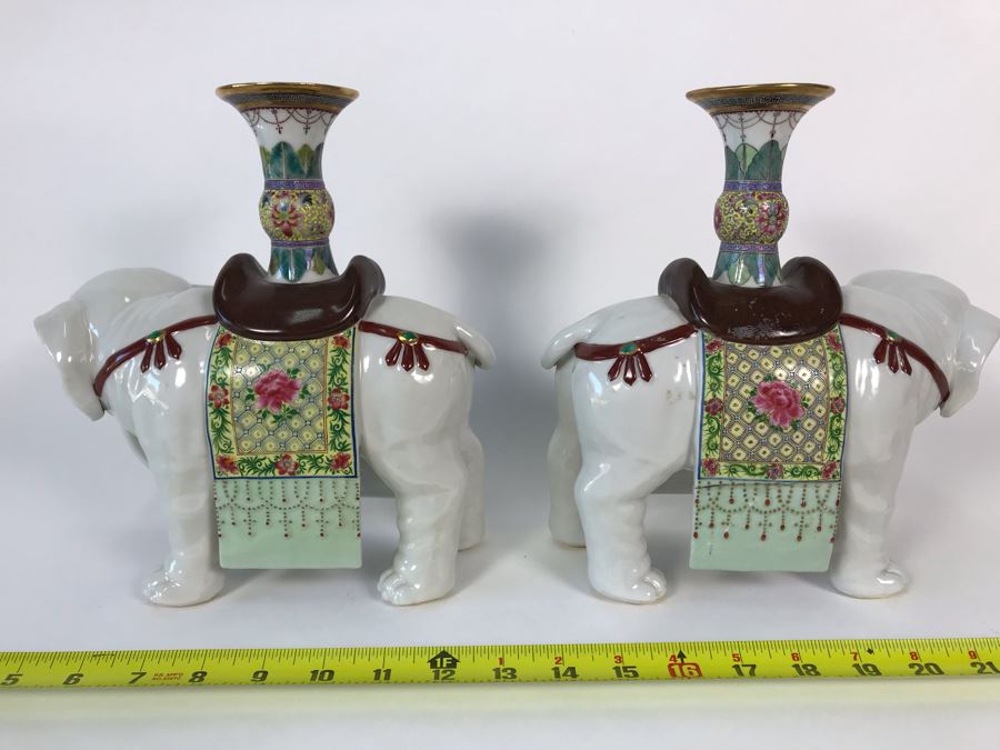 Pair Of Chinese Elephant Candleholders 8.5W X 4.5D X 10H (One Elephant Tusk Is Chipped And Other Elephant's Blanket Has Been Repaired) [Photo 12]