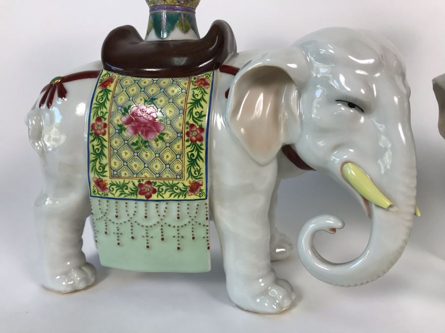 Pair Of Chinese Elephant Candleholders 8.5W X 4.5D X 10H (One Elephant Tusk Is Chipped And Other Elephant's Blanket Has Been Repaired) [Photo 3]