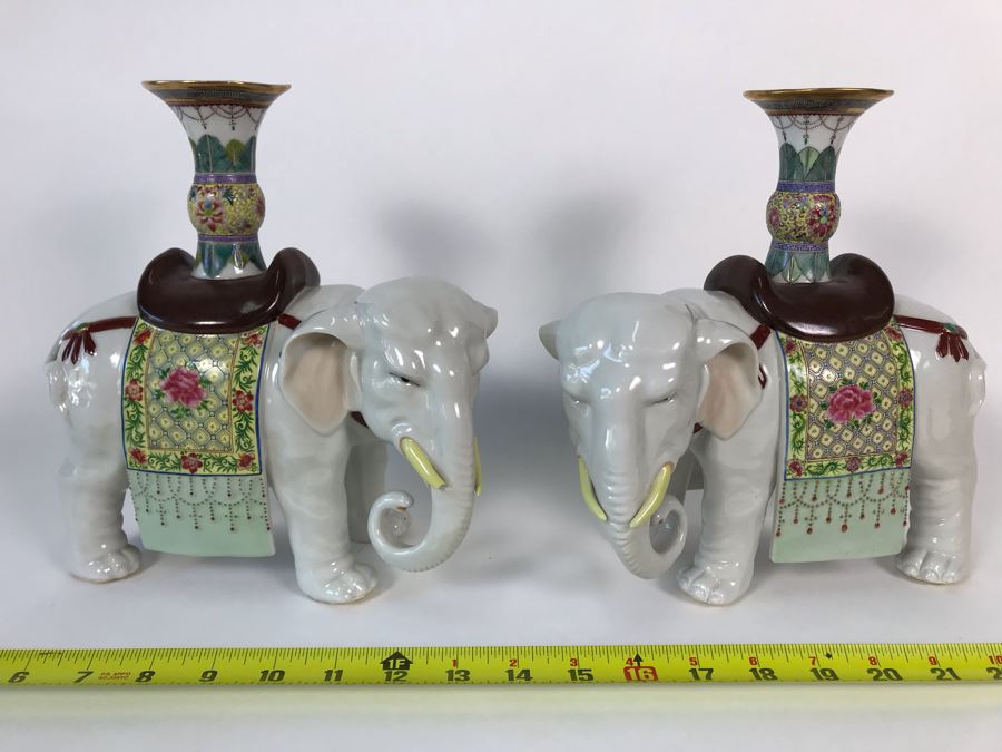 Pair Of Chinese Elephant Candleholders 8.5W X 4.5D X 10H (One Elephant Tusk Is Chipped And Other Elephant's Blanket Has Been Repaired) [Photo 2]