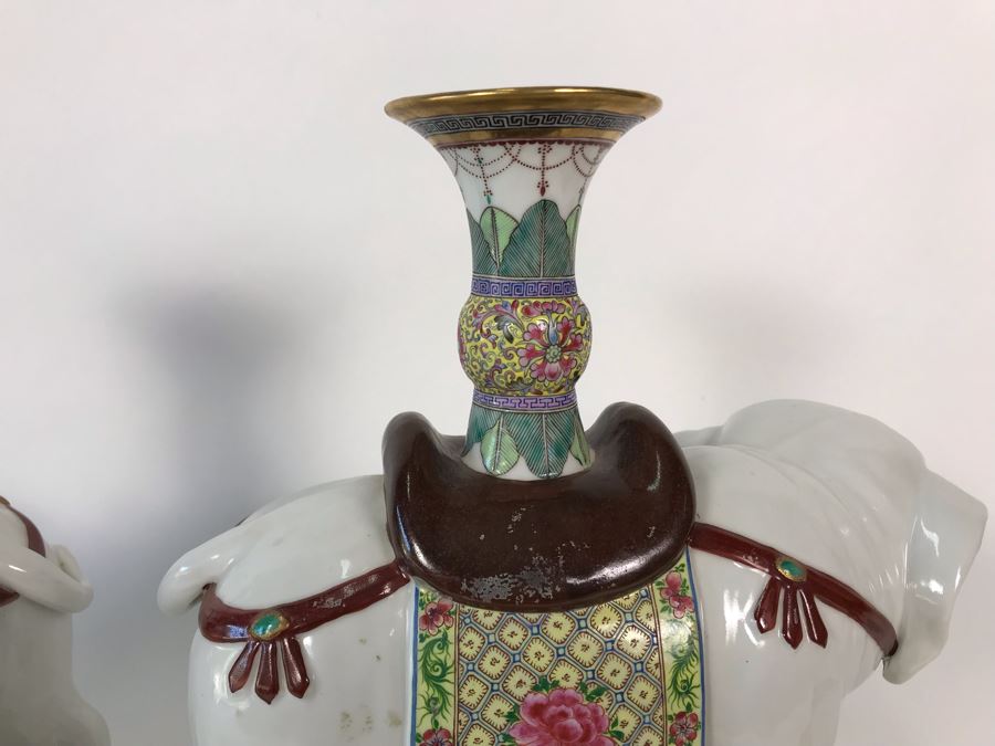 Pair Of Chinese Elephant Candleholders 8.5W X 4.5D X 10H (One Elephant Tusk Is Chipped And Other Elephant's Blanket Has Been Repaired) [Photo 15]