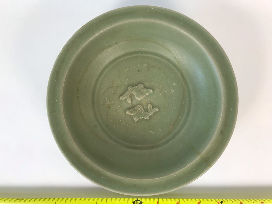 Old Chinese Longquan Celadon Two-Fish Porcelain Bowl 8W X 1.75H [Photo 2]