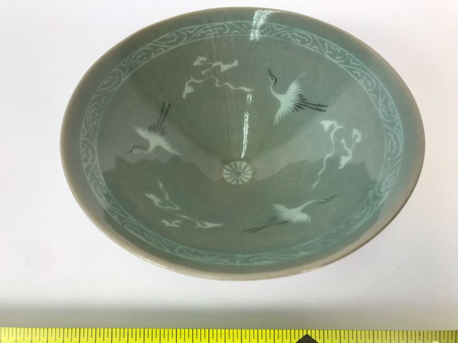 Vintage Signed Japanese Hand Painted Porcelain Bowl With Cranes 6W X 2H [Photo 2]