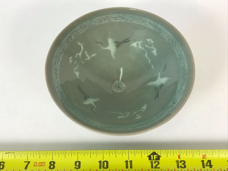 Vintage Signed Japanese Hand Painted Porcelain Bowl With Cranes 6W X 2H [Photo 9]