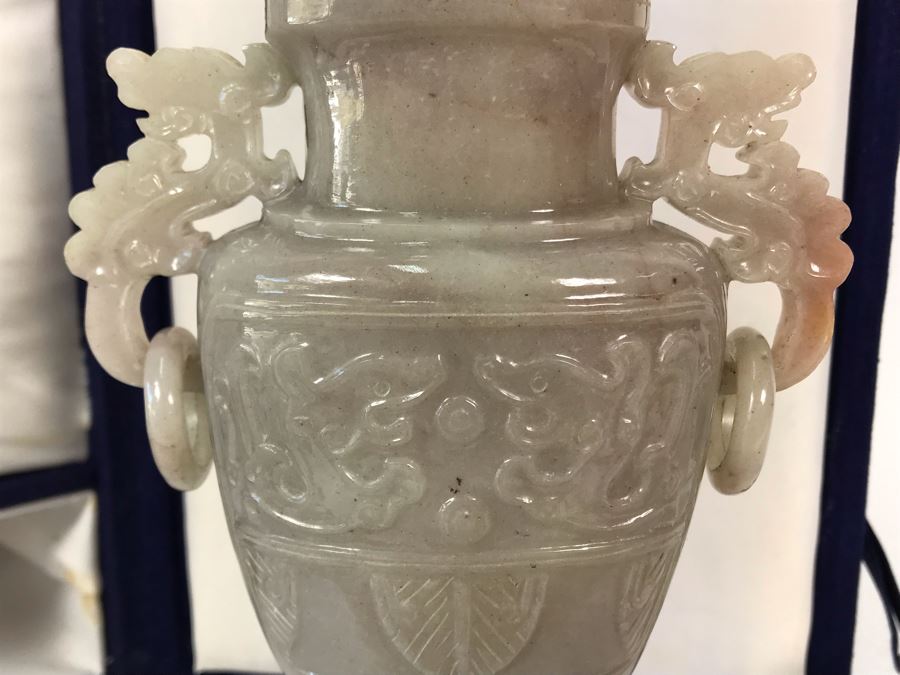 Chinese Carved Stone Temple Jar With Lid 5W X 8.5H And Wooden Stand [Photo 9]