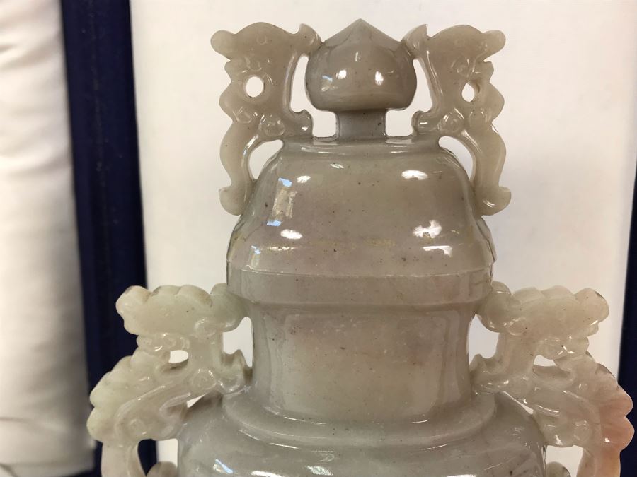 Chinese Carved Stone Temple Jar With Lid 5W X 8.5H And Wooden Stand [Photo 8]