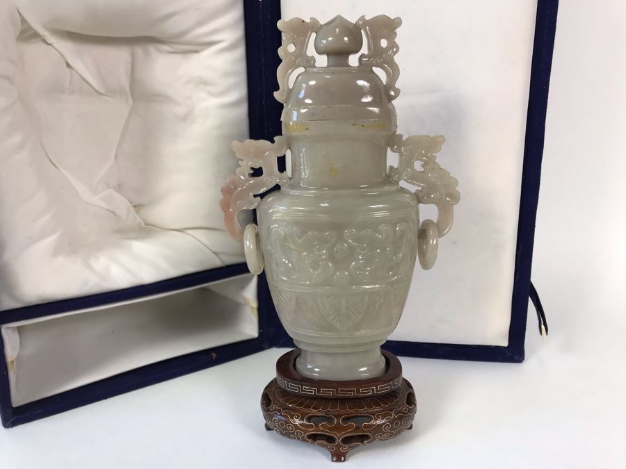 Chinese Carved Stone Temple Jar With Lid 5W X 8.5H And Wooden Stand [Photo 21]