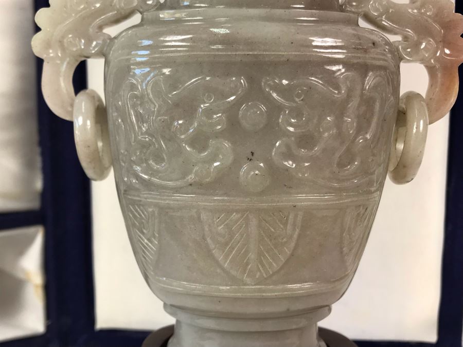 Chinese Carved Stone Temple Jar With Lid 5W X 8.5H And Wooden Stand [Photo 10]