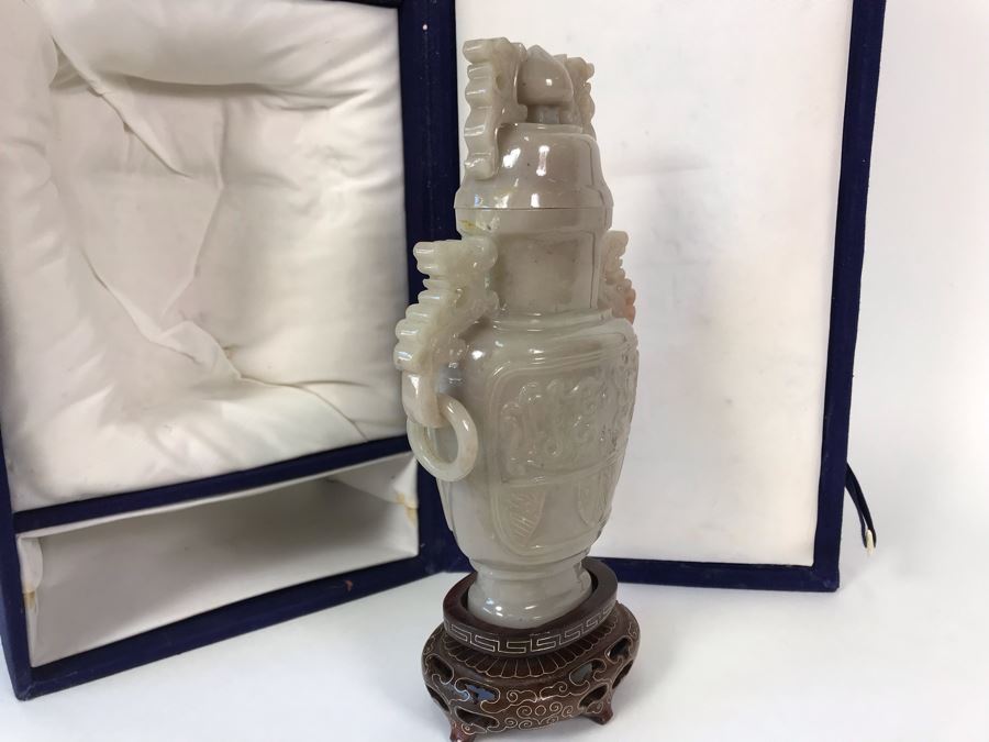 Chinese Carved Stone Temple Jar With Lid 5W X 8.5H And Wooden Stand [Photo 22]