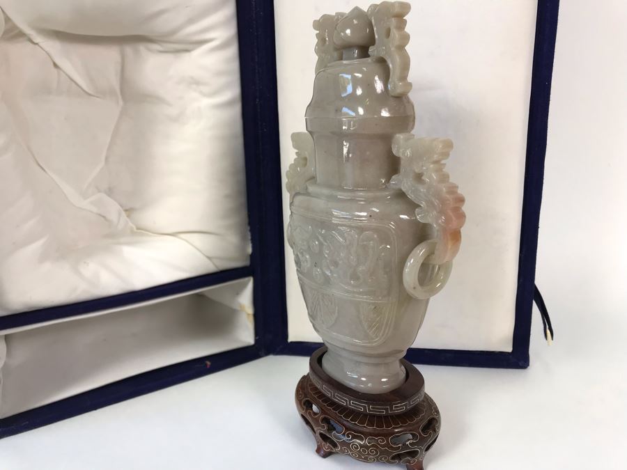 Chinese Carved Stone Temple Jar With Lid 5W X 8.5H And Wooden Stand [Photo 20]