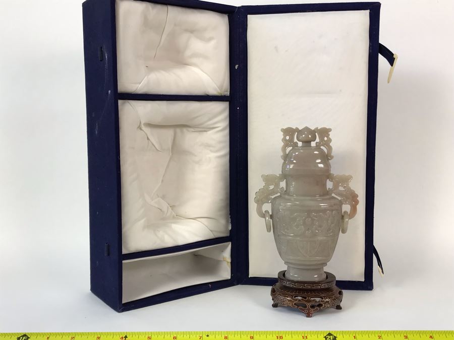 Chinese Carved Stone Temple Jar With Lid 5W X 8.5H And Wooden Stand [Photo 2]