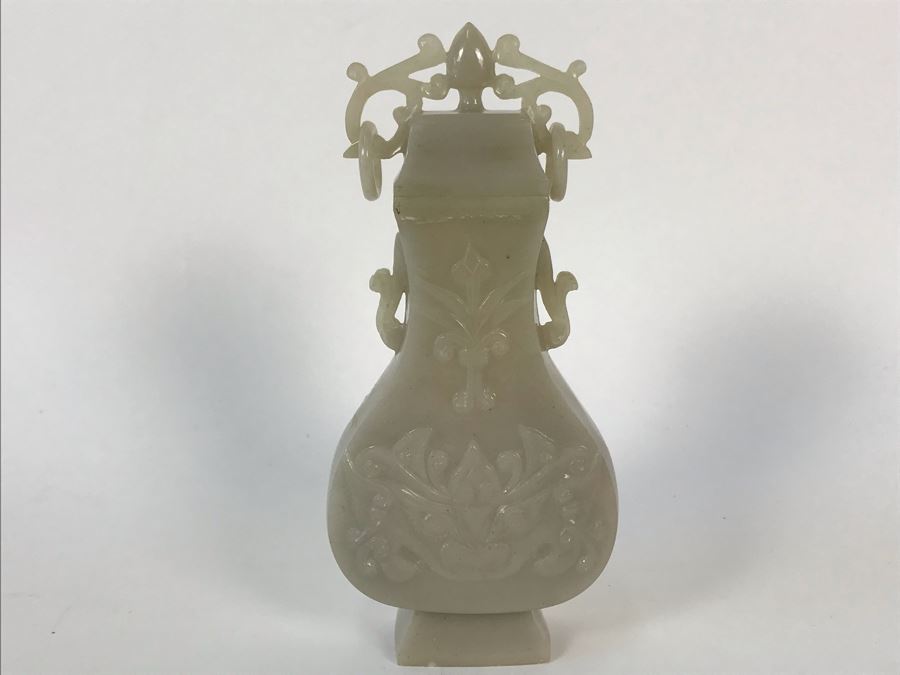 Chinese Carved Light Green Stone Temple Jar With Lid 3W X 1.5D X 7H And Wooden Stand [Photo 16]