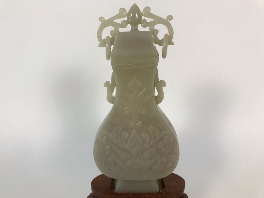 Chinese Carved Light Green Stone Temple Jar With Lid 3W X 1.5D X 7H And Wooden Stand [Photo 3]