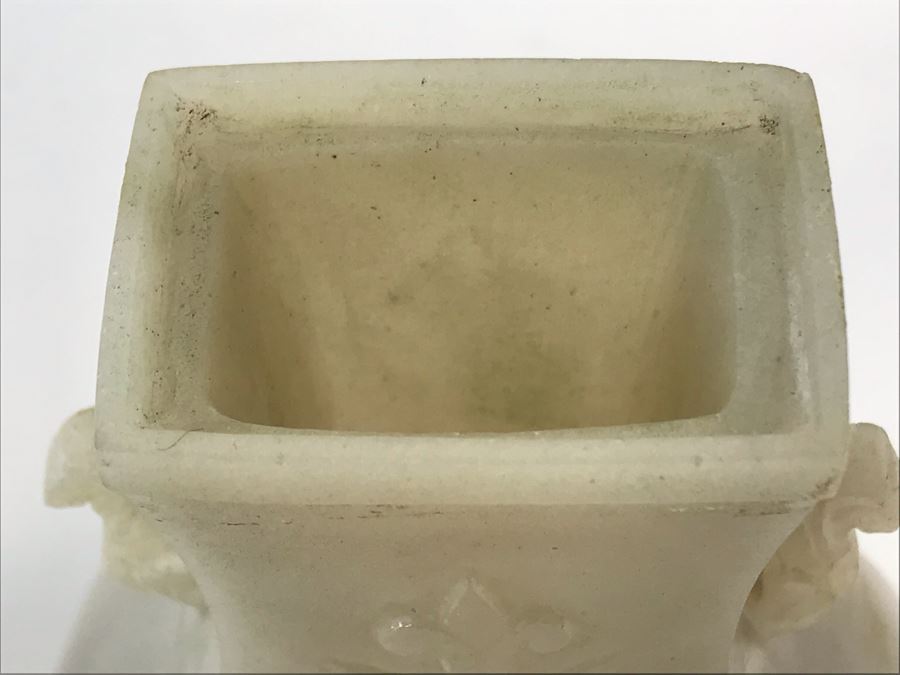 Chinese Carved Light Green Stone Temple Jar With Lid 3W X 1.5D X 7H And Wooden Stand [Photo 20]