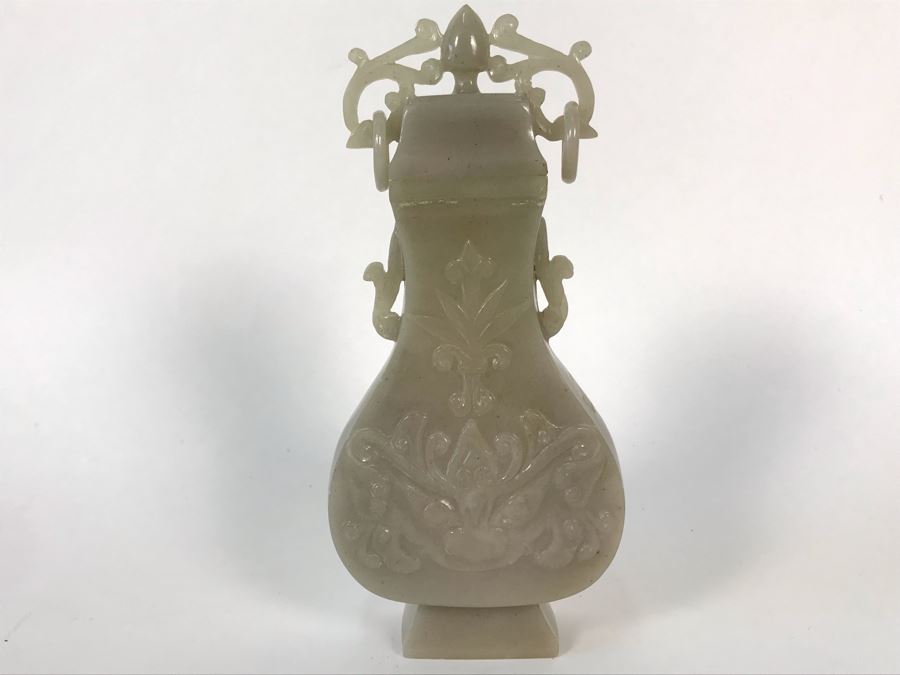 Chinese Carved Light Green Stone Temple Jar With Lid 3W X 1.5D X 7H And Wooden Stand [Photo 10]