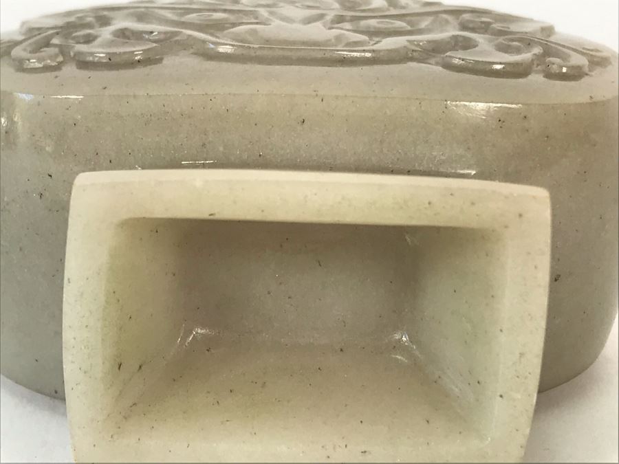 Chinese Carved Light Green Stone Temple Jar With Lid 3W X 1.5D X 7H And Wooden Stand [Photo 21]